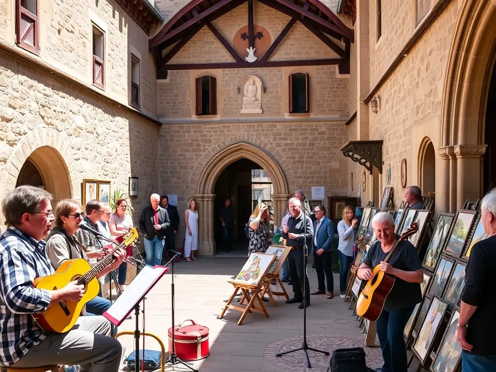 A vibrant image of a cultural event held within the Abbey grounds, featuring musicians, artists, and community members enjoying the festivities.