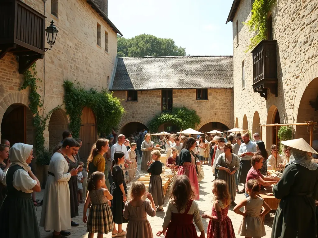 A vibrant image of a historical reenactment event held at the Abbey, featuring participants in period costumes and engaging in traditional activities.