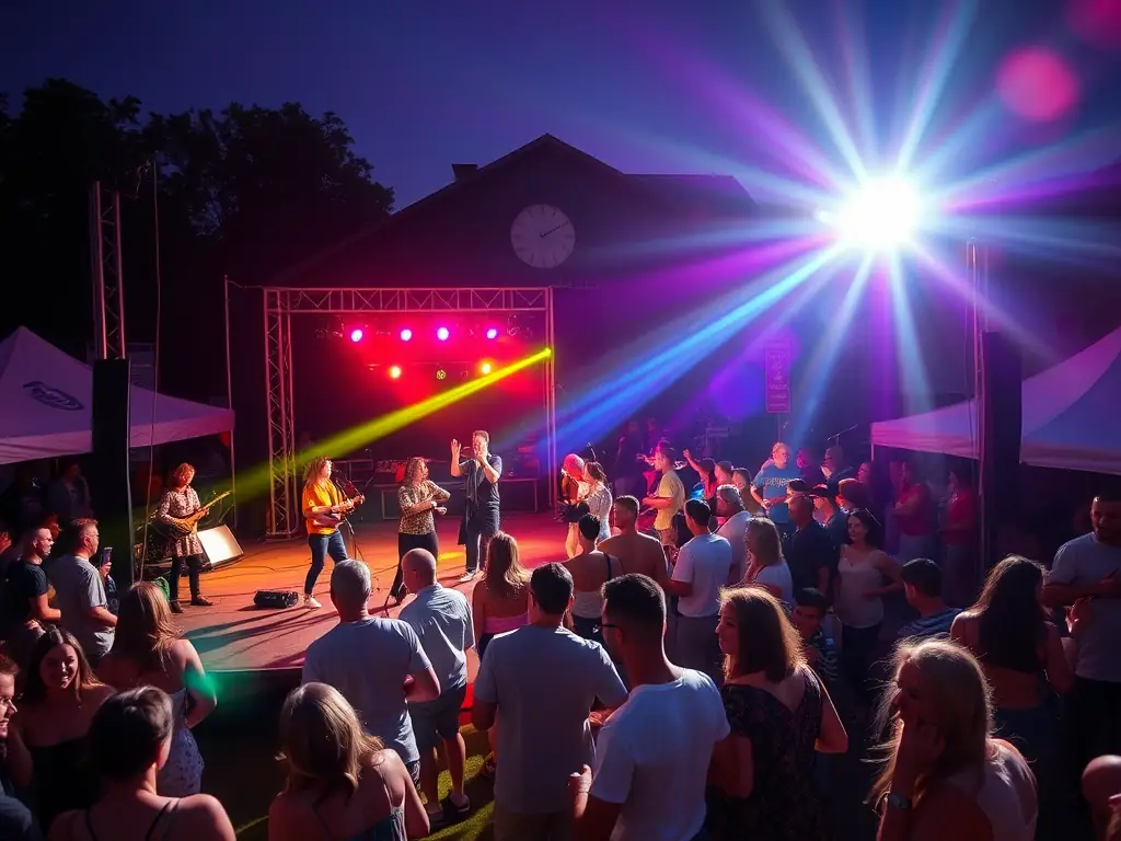 A vibrant image capturing a cultural event held at the Abbey, featuring musicians, performers, and attendees enjoying the historical setting.